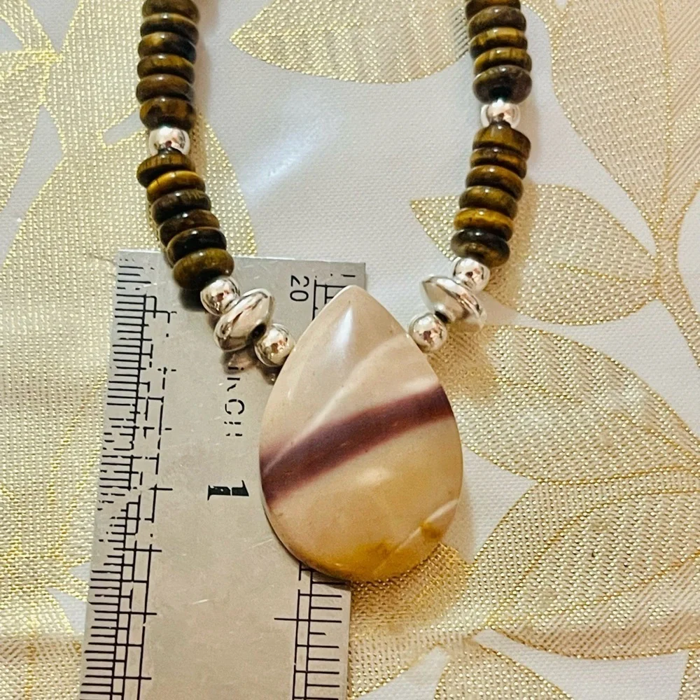 Vtg Southwest Hematite Pearl Bench Beads Tiger Eyes   Pendant Necklace 21”